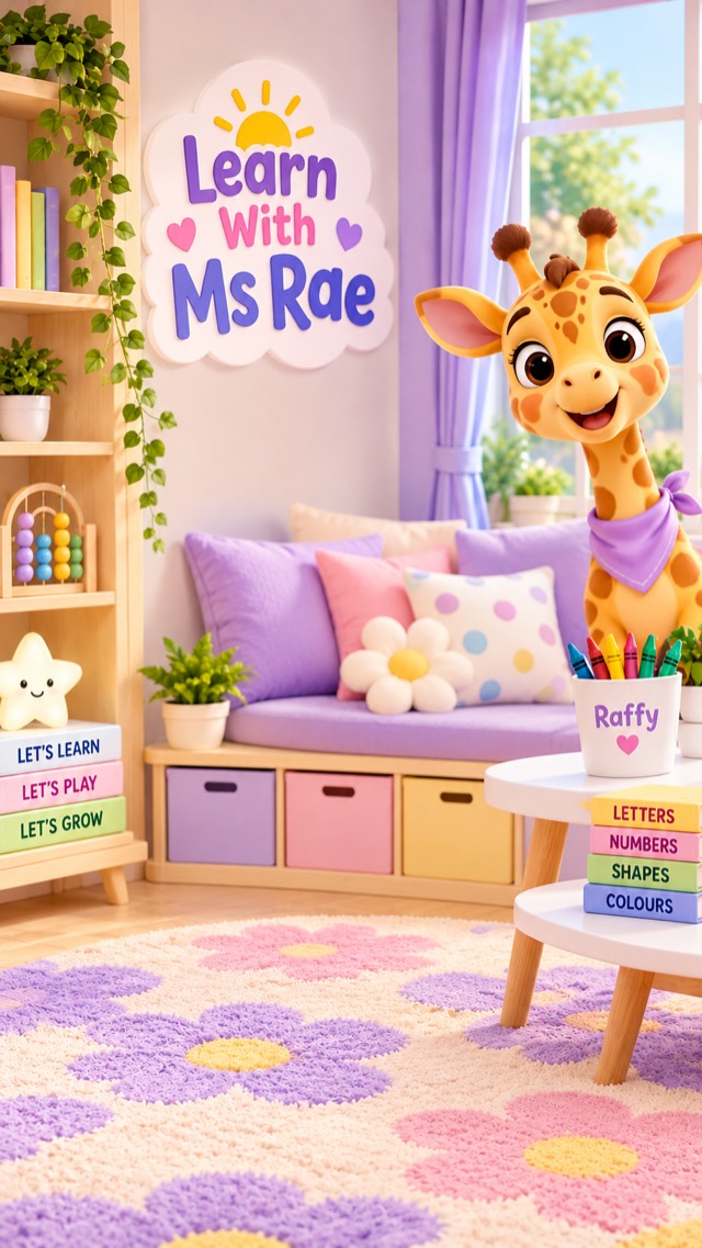 Raffy the giraffe in his cosy playroom, under the Learn With Ms Rae sign